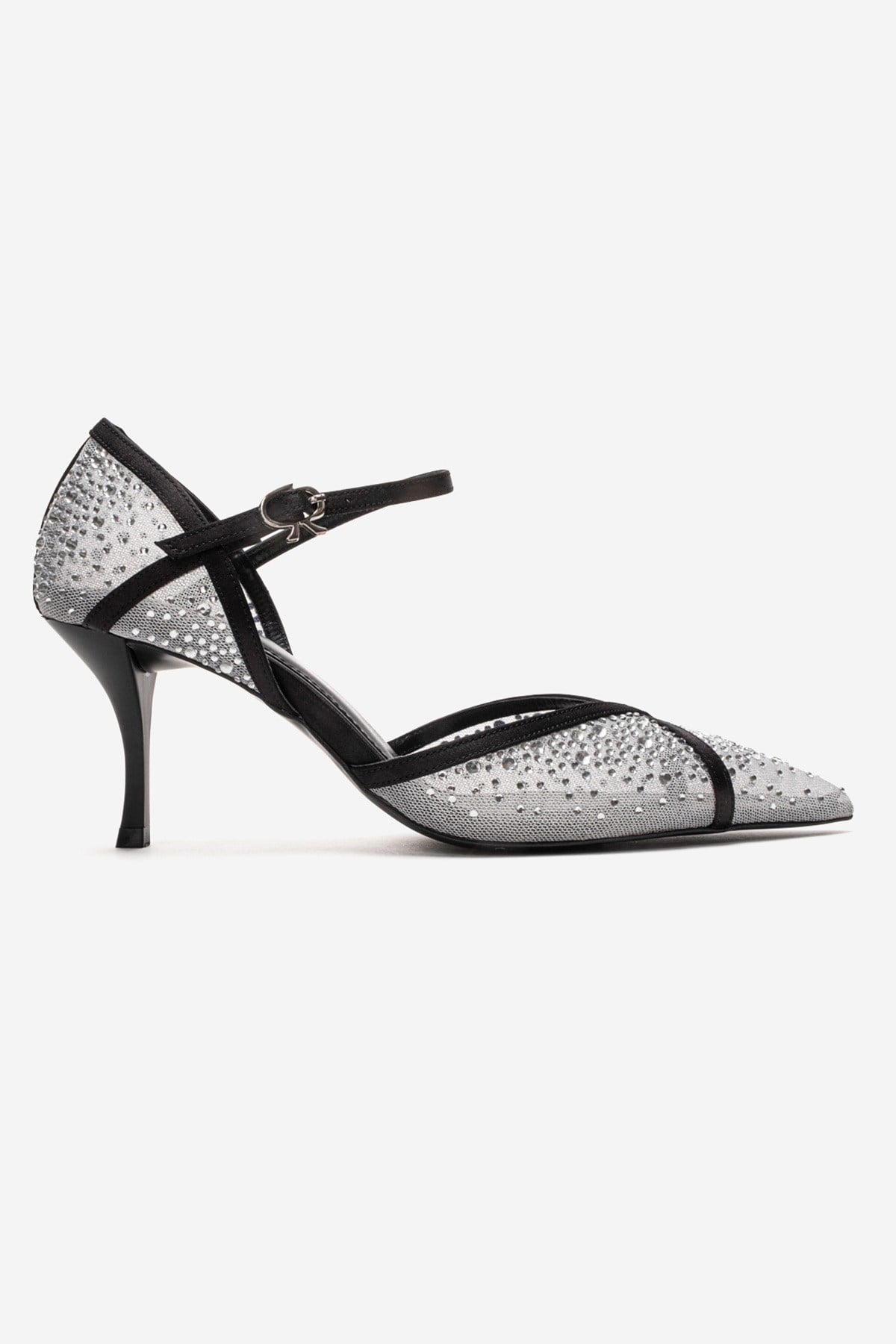 RACHEL - White And Black Genuine Leather Mesh And Satin Stone-Embellis – heel view showing satin, leather, glitter…