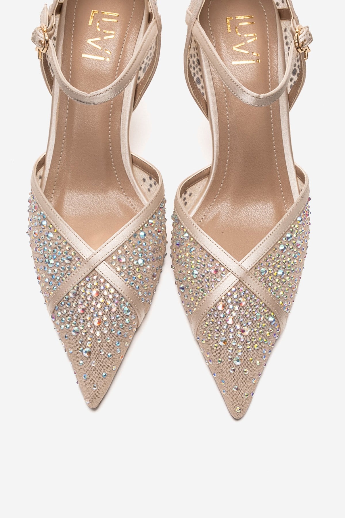 RACHEL - Beige Genuine Leather Satin Stone-Embellished Mesh Stiletto P – side view showing satin, leather, mesh, Vowalisse