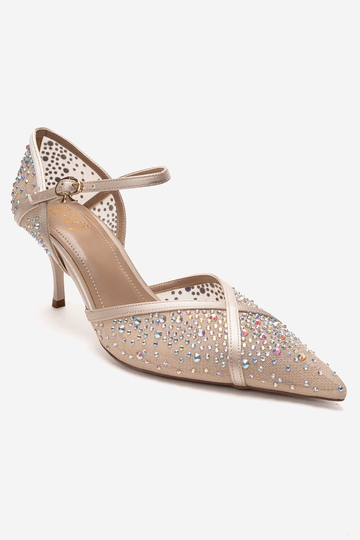 RACHEL - Beige Genuine Leather Satin Stone-Embellished Mesh Stiletto P – detail view showing satin, leather, mesh…