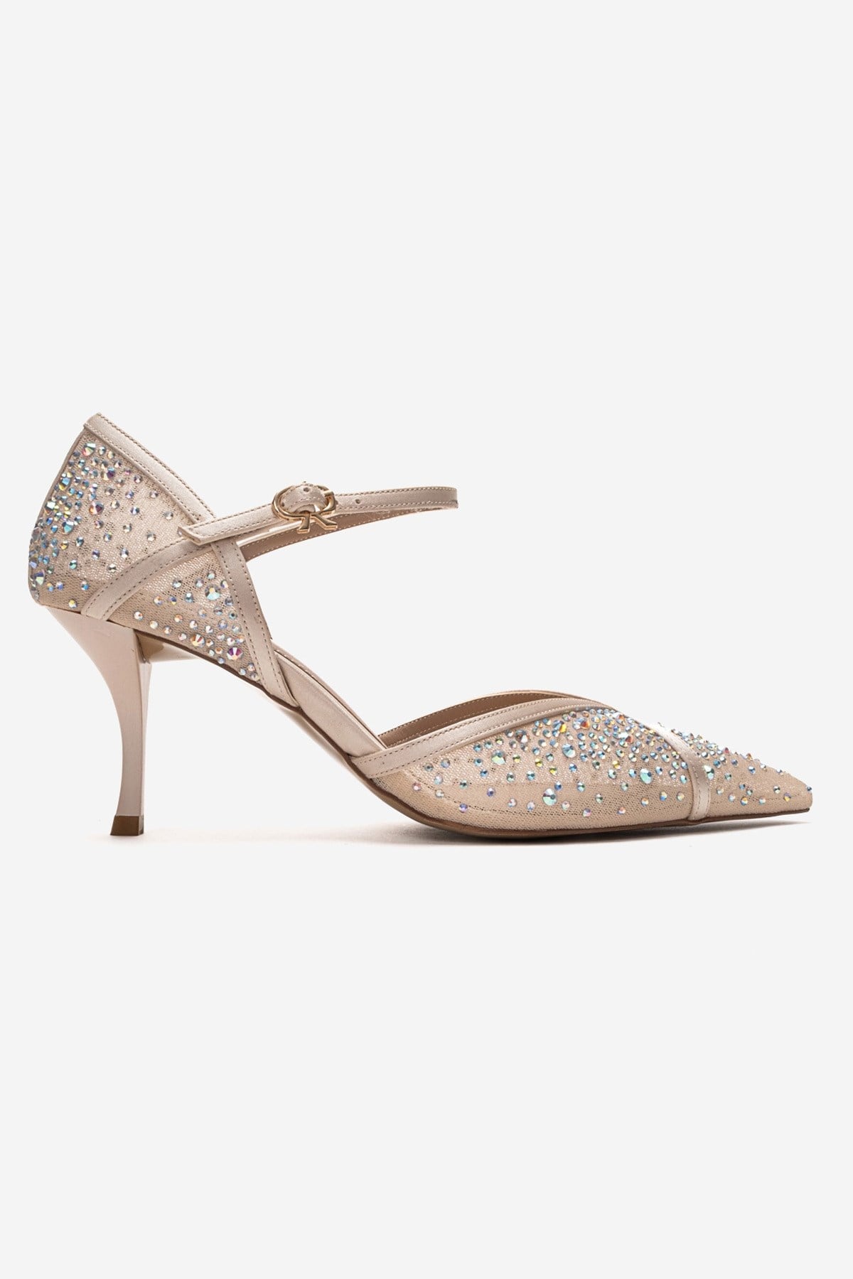 RACHEL - Beige Genuine Leather Satin Stone-Embellished Mesh Stiletto P – heel view showing satin, leather, mesh, Vowalisse