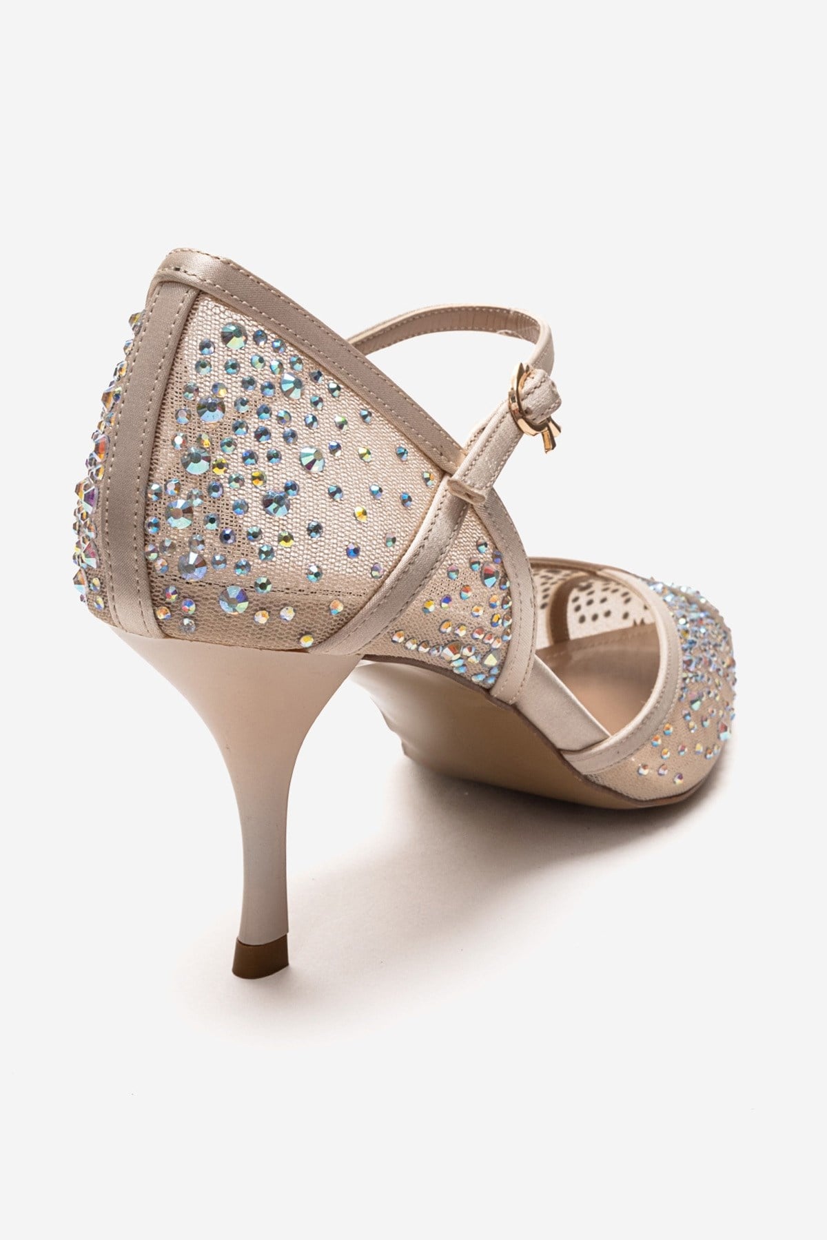 RACHEL - Beige Genuine Leather Satin Stone-Embellished Mesh Stiletto P – back view showing satin, leather, mesh, Vowalisse