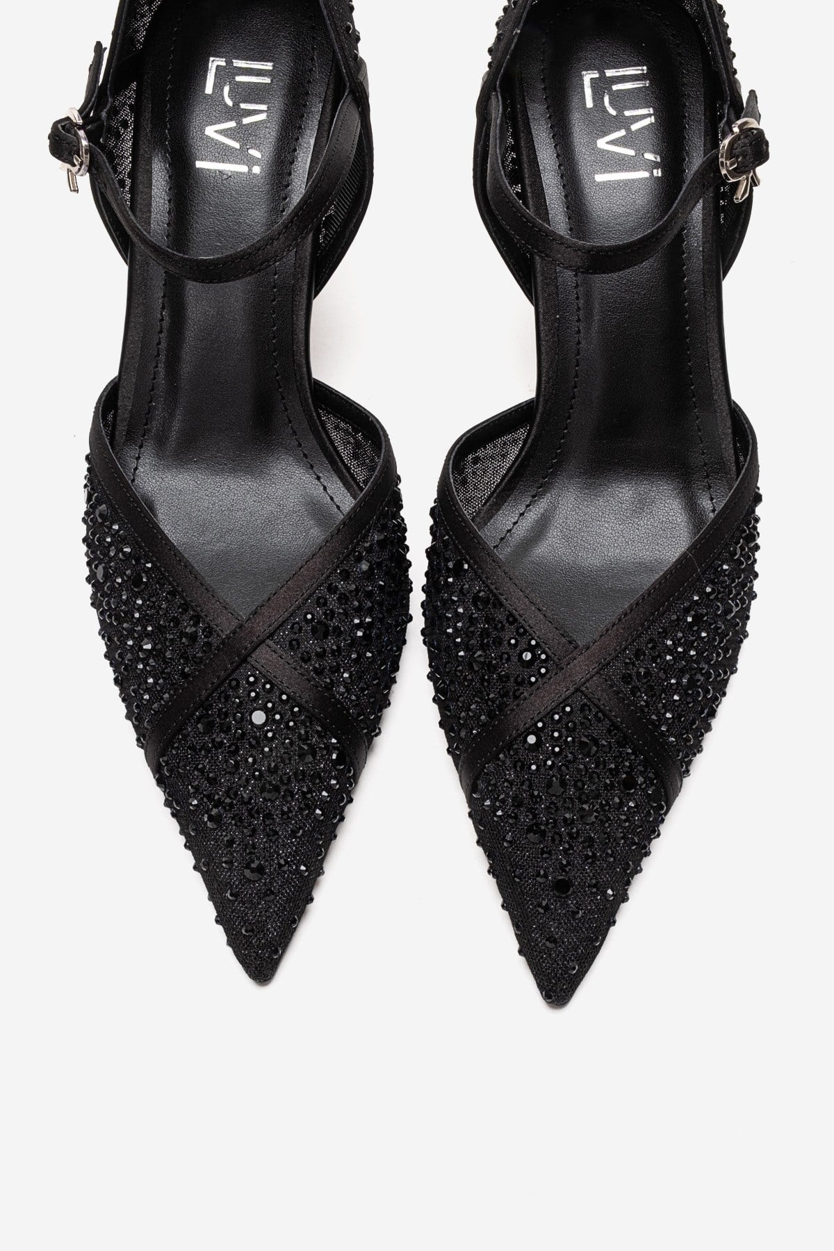 RACHEL - Black Genuine Leather Satin Stone-Embellished Mesh Stiletto P – side view showing satin, leather, mesh, Vowalisse