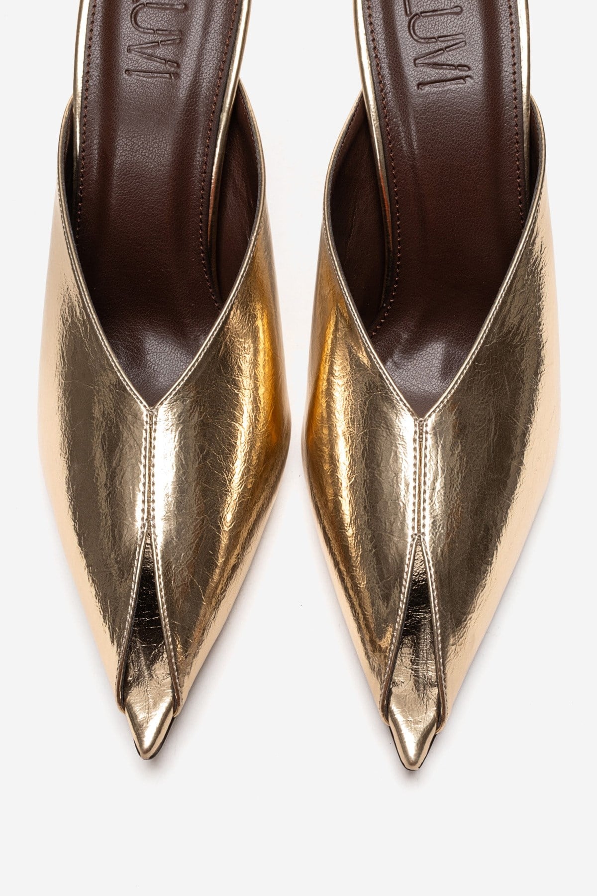 MIRENA - Gold Genuine Leather Stiletto Mule – side view showing leather, gold, Vowalisse
