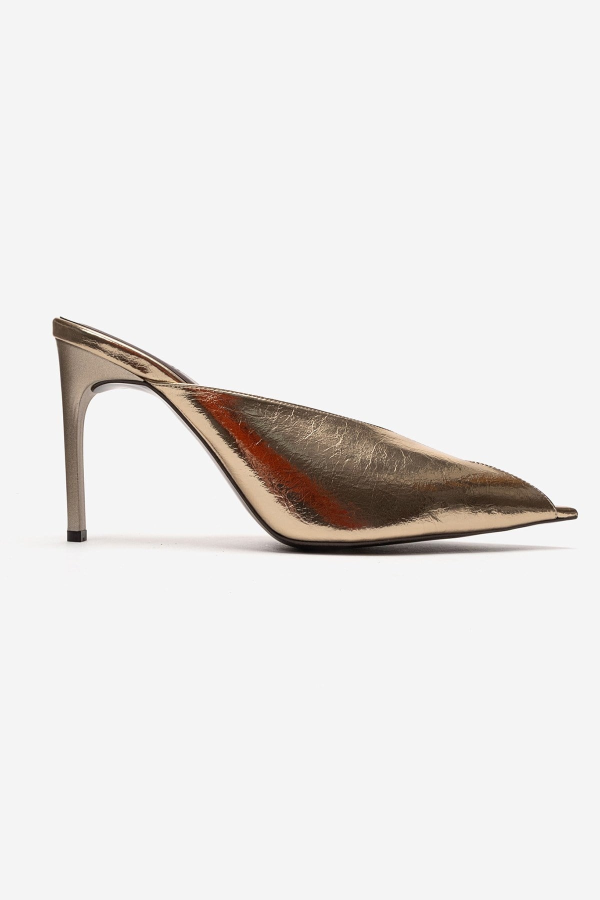 MIRENA - Gold Genuine Leather Stiletto Mule – heel view showing leather, gold, Vowalisse