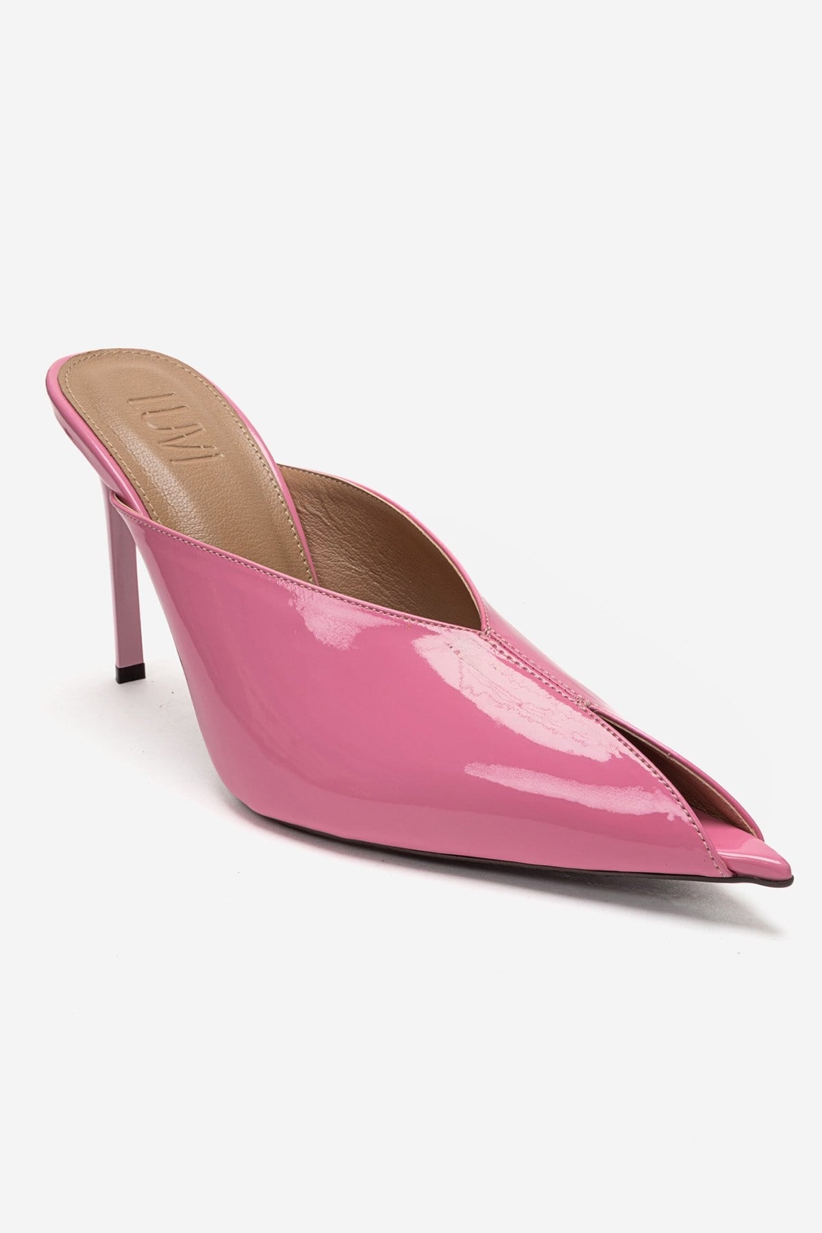 Mirena - Pink Genuine Leather Stiletto Mule – detail view showing leather, pink, Vowalisse
