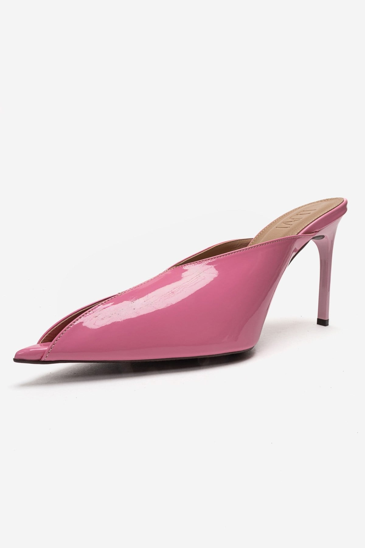 Mirena - Pink Genuine Leather Stiletto Mule – top view showing leather, pink, Vowalisse