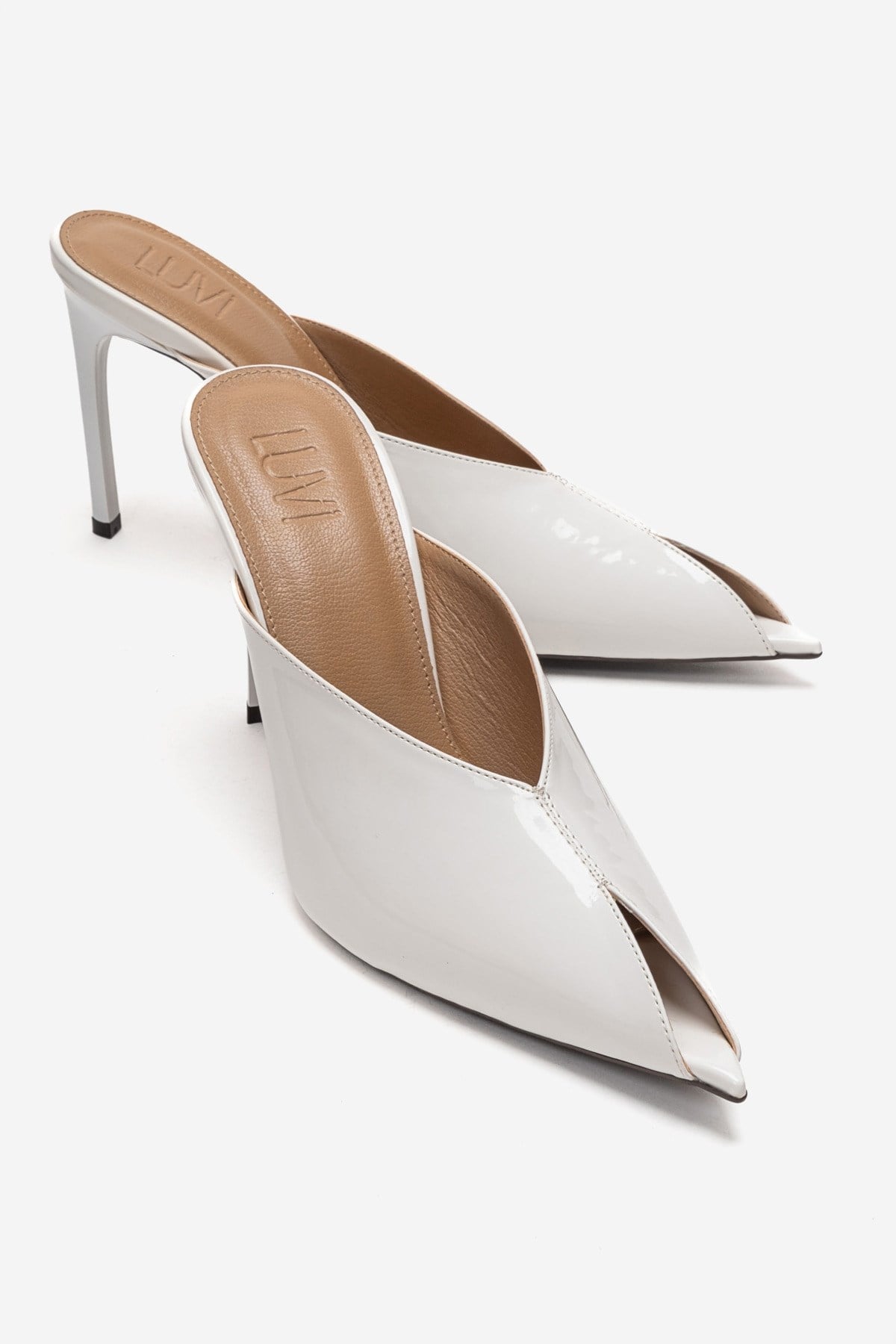 Mirena - White Genuine Leather Stiletto Mule – front three-quarter view showing leather, white, Vowalisse