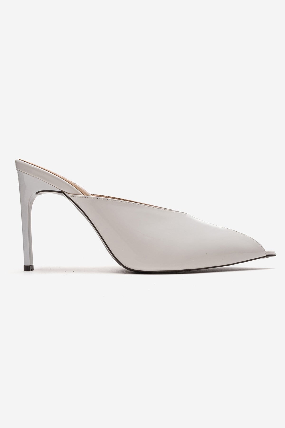 Mirena - White Genuine Leather Stiletto Mule – heel view showing leather, white, Vowalisse