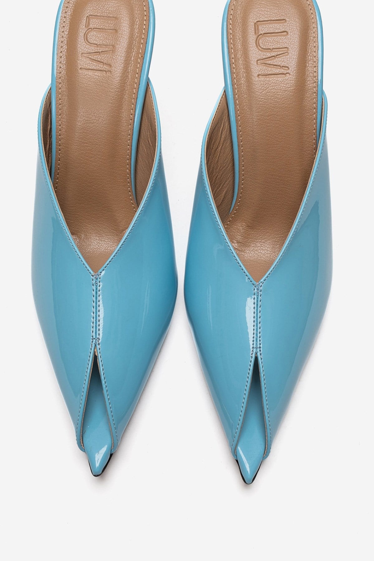 Mirena - Blue Genuine Leather Stiletto Mule – side view showing leather, blue, Vowalisse