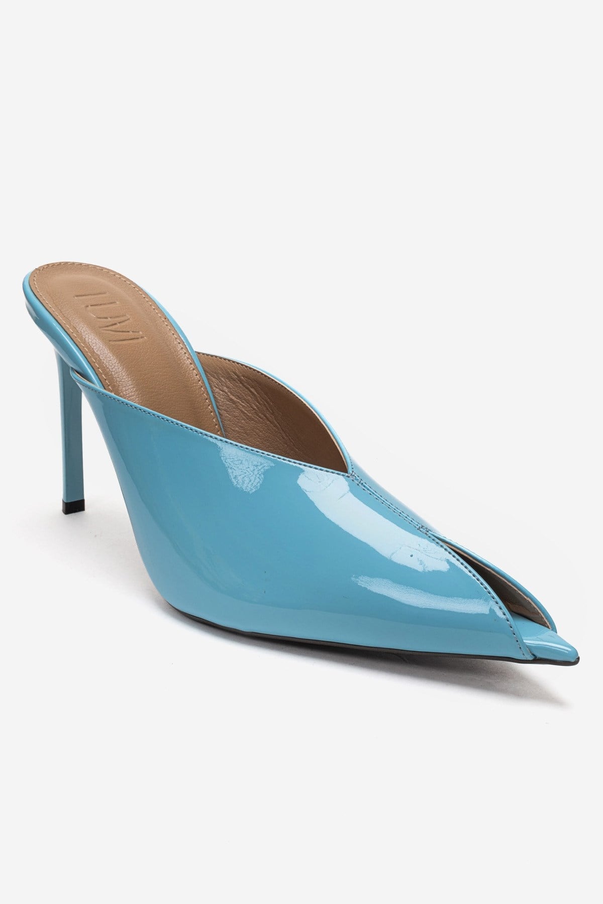 Mirena - Blue Genuine Leather Stiletto Mule – detail view showing leather, blue, Vowalisse