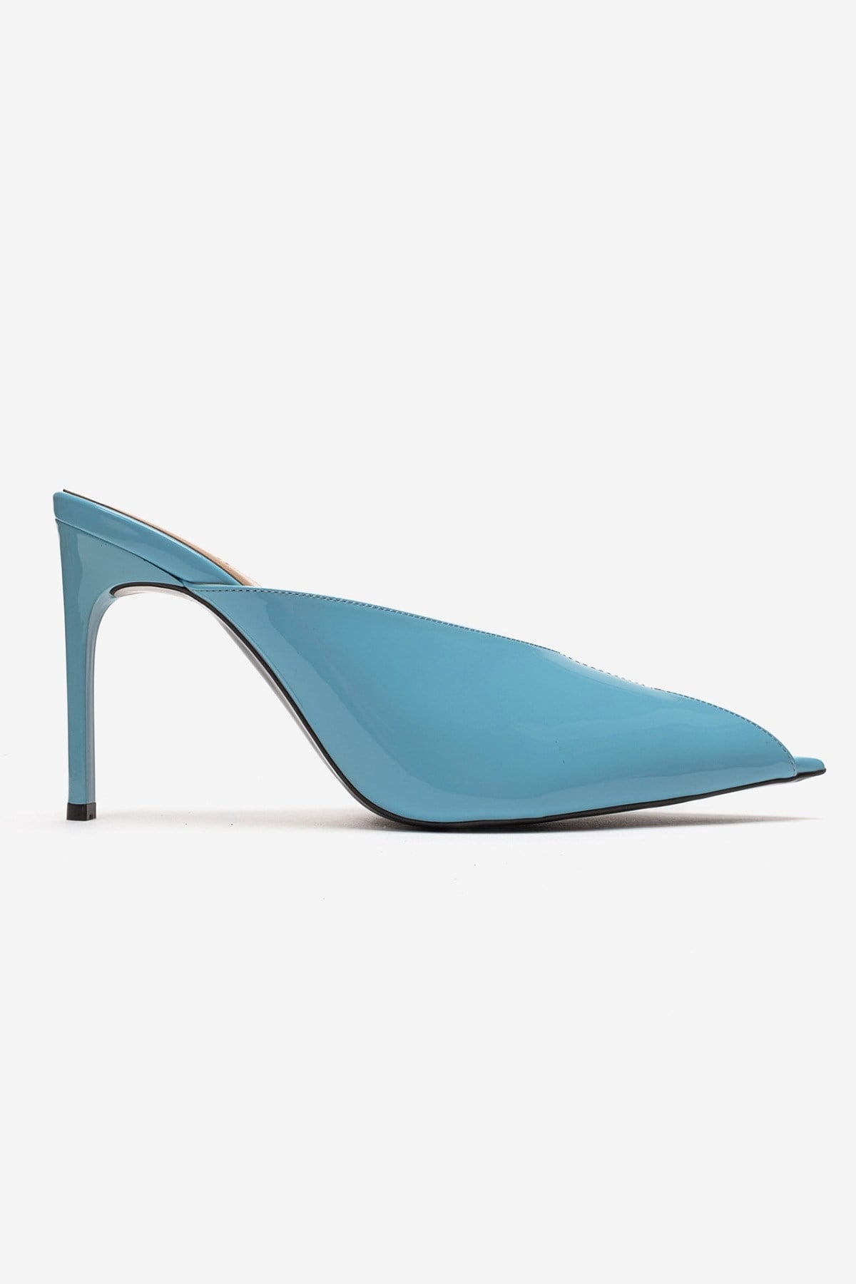 Mirena - Blue Genuine Leather Stiletto Mule – heel view showing leather, blue, Vowalisse