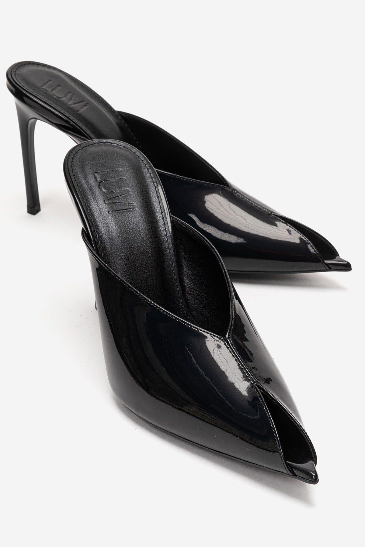 Mirena - Black Genuine Leather Stiletto Mule – front three-quarter view showing leather, black, Vowalisse