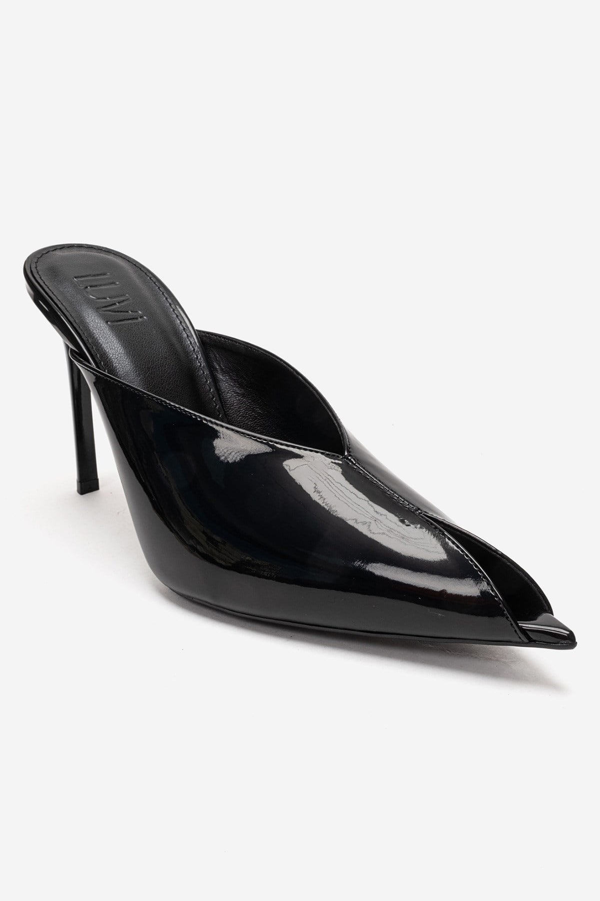 Mirena - Black Genuine Leather Stiletto Mule – detail view showing leather, black, Vowalisse