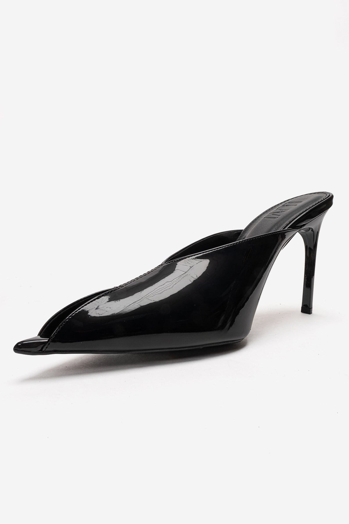 Mirena - Black Genuine Leather Stiletto Mule – top view showing leather, black, Vowalisse