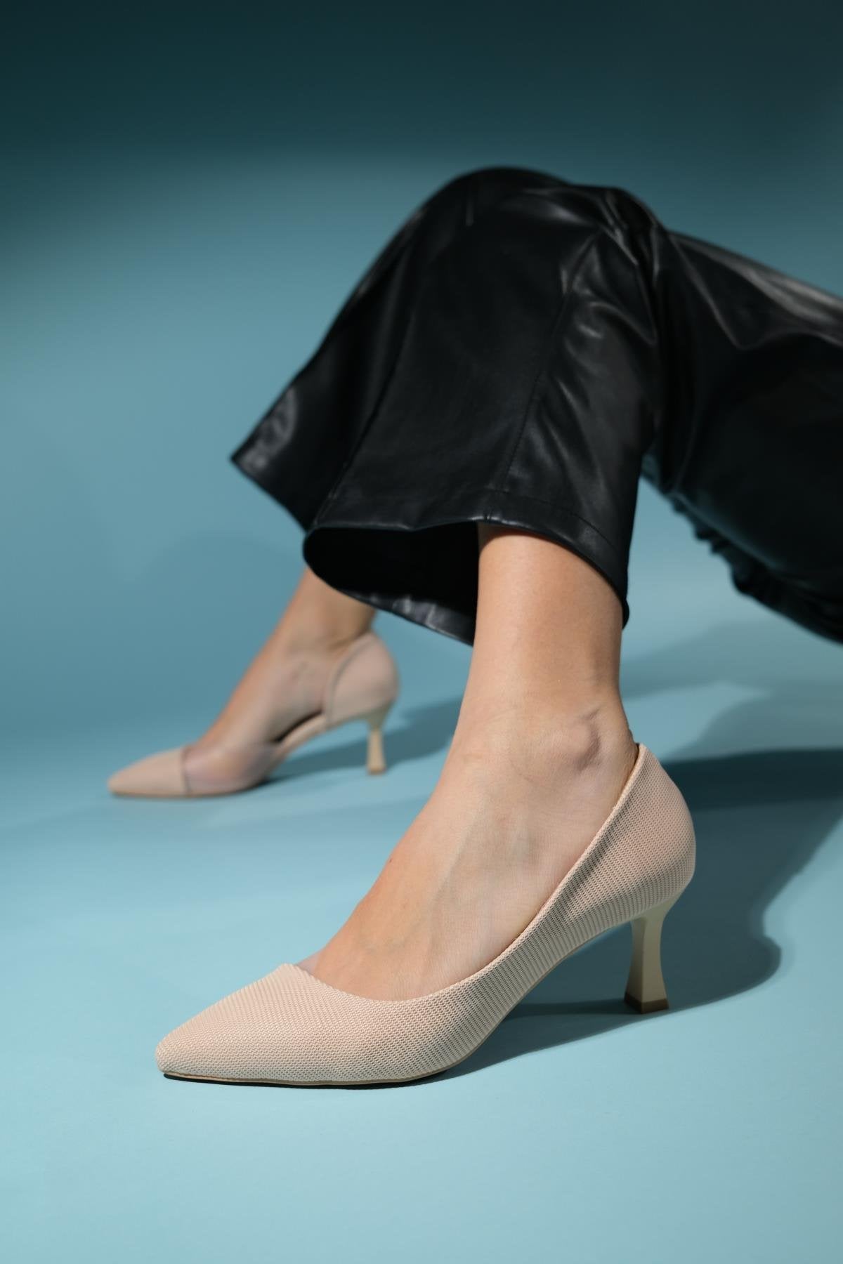 Chevy - Nude Striped Heeled Shoe – front three-quarter view showing leather, nude, Vowalisse