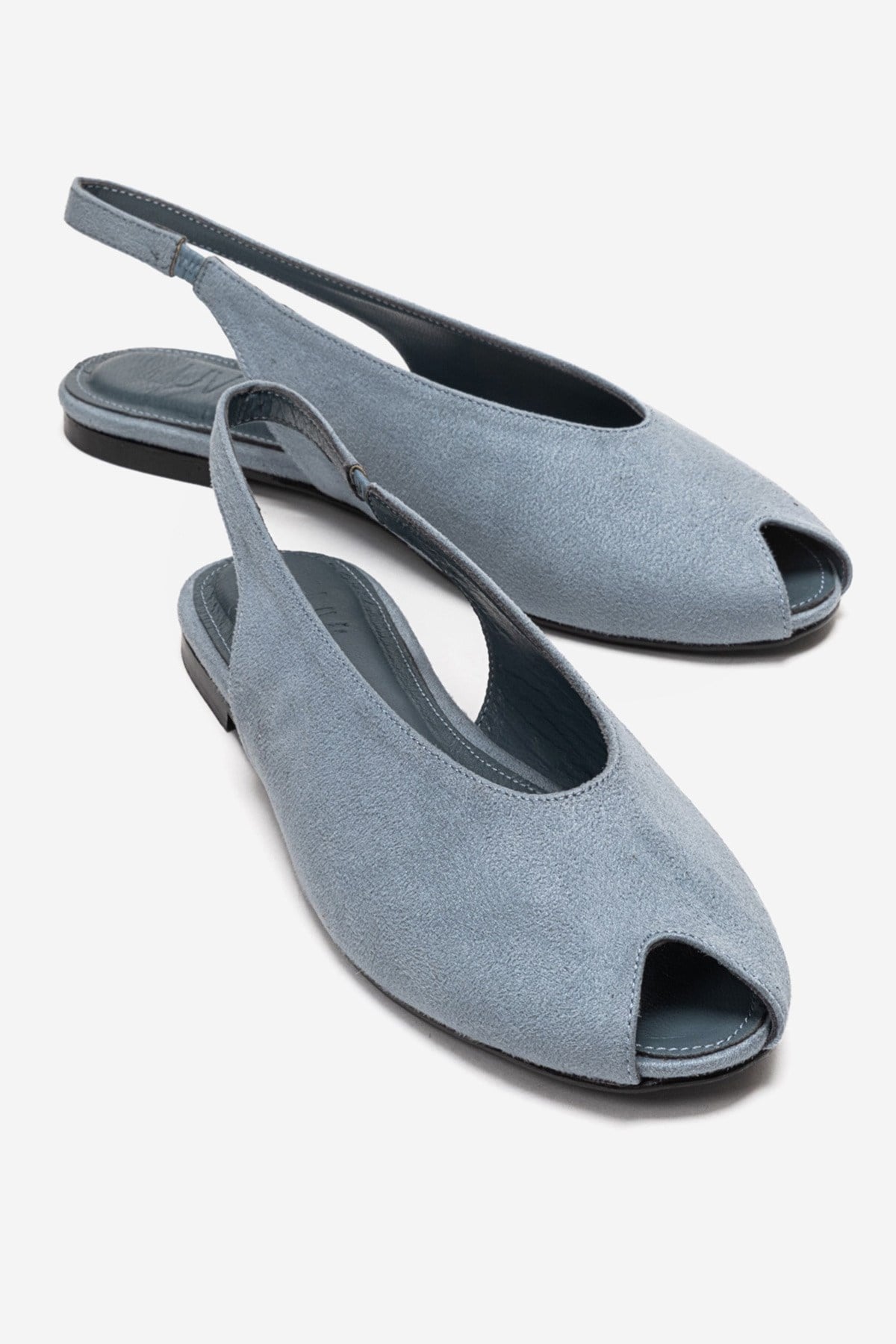 SERINA - Baby Blue Genuine Leather Open Front Slingback Sandal – front three-quarter view showing leather, suede, blue…