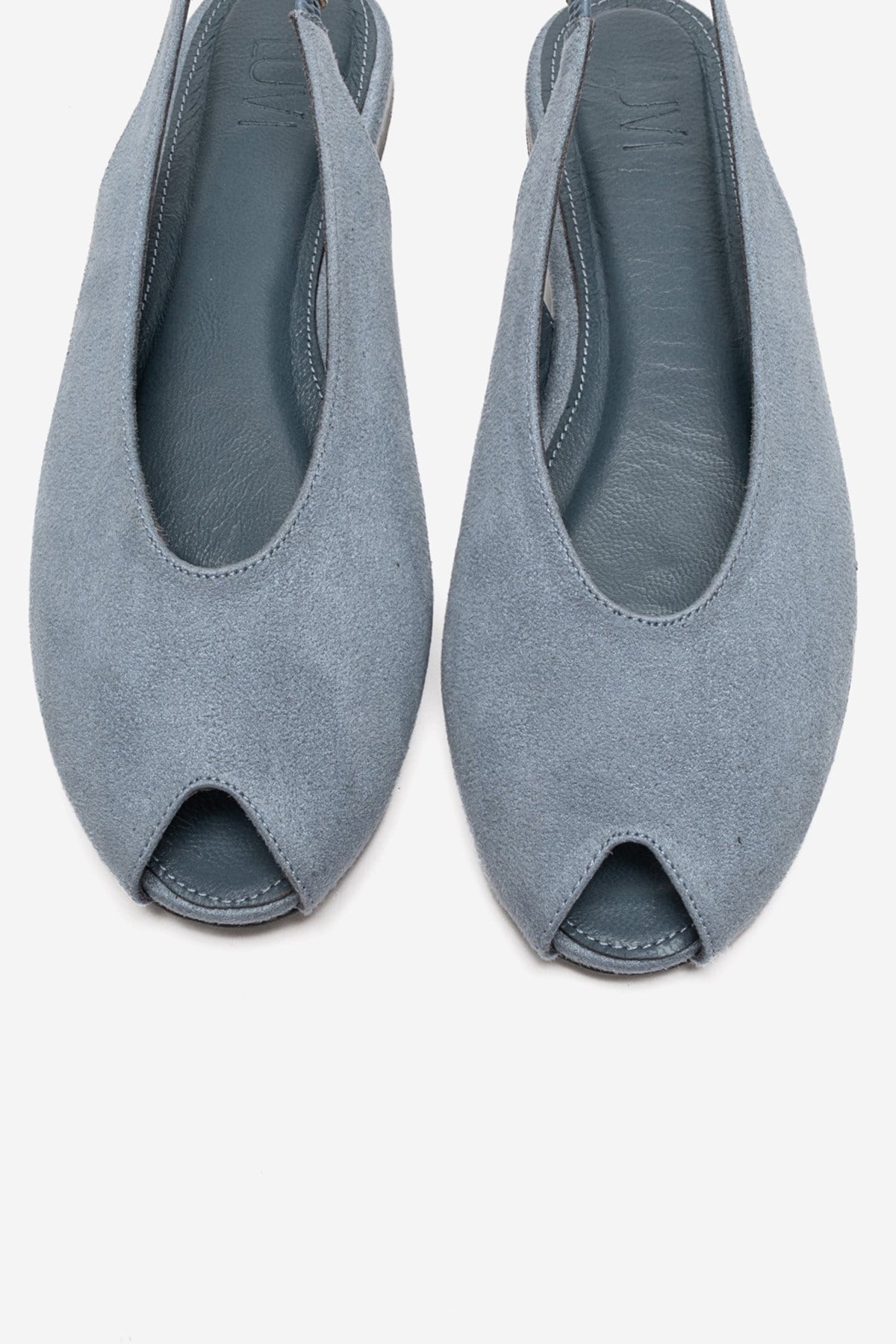 SERINA - Baby Blue Genuine Leather Open Front Slingback Sandal – side view showing leather, suede, blue, Vowalisse