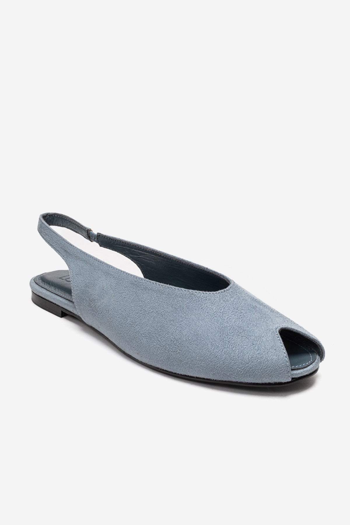 SERINA - Baby Blue Genuine Leather Open Front Slingback Sandal – detail view showing leather, suede, blue, Vowalisse