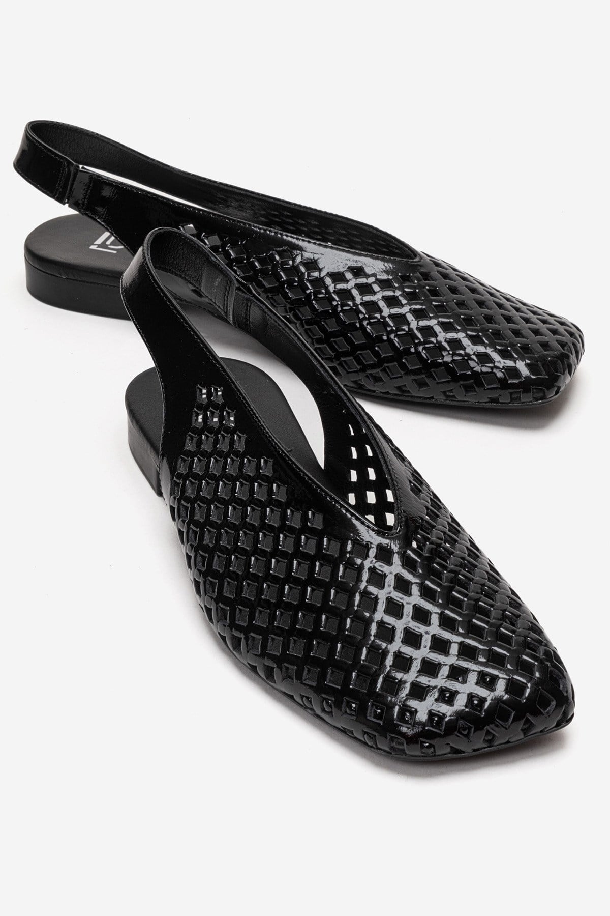 DELIZIA - Black Genuine Leather Closed Front Laser-Cut Sandal – front three-quarter view showing leather, black, Vowalisse