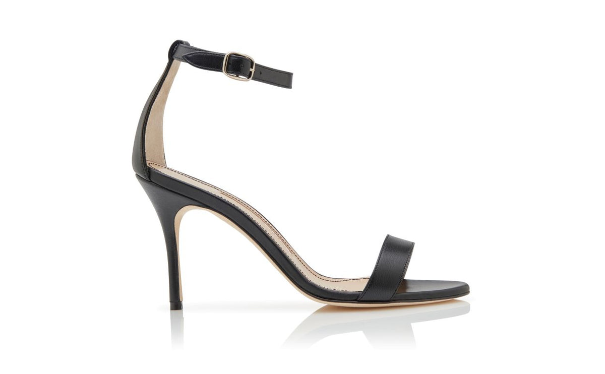 Seraphina Flame Black Ankle Strap Ankle-Strap Shoes – side profile showing black ankle strap, open toe, nappa leather…