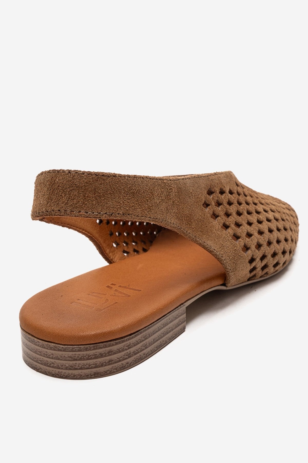 DELIZIA - Camel Genuine Leather Closed-Toe Sandal – back view showing leather, suede, Vowalisse