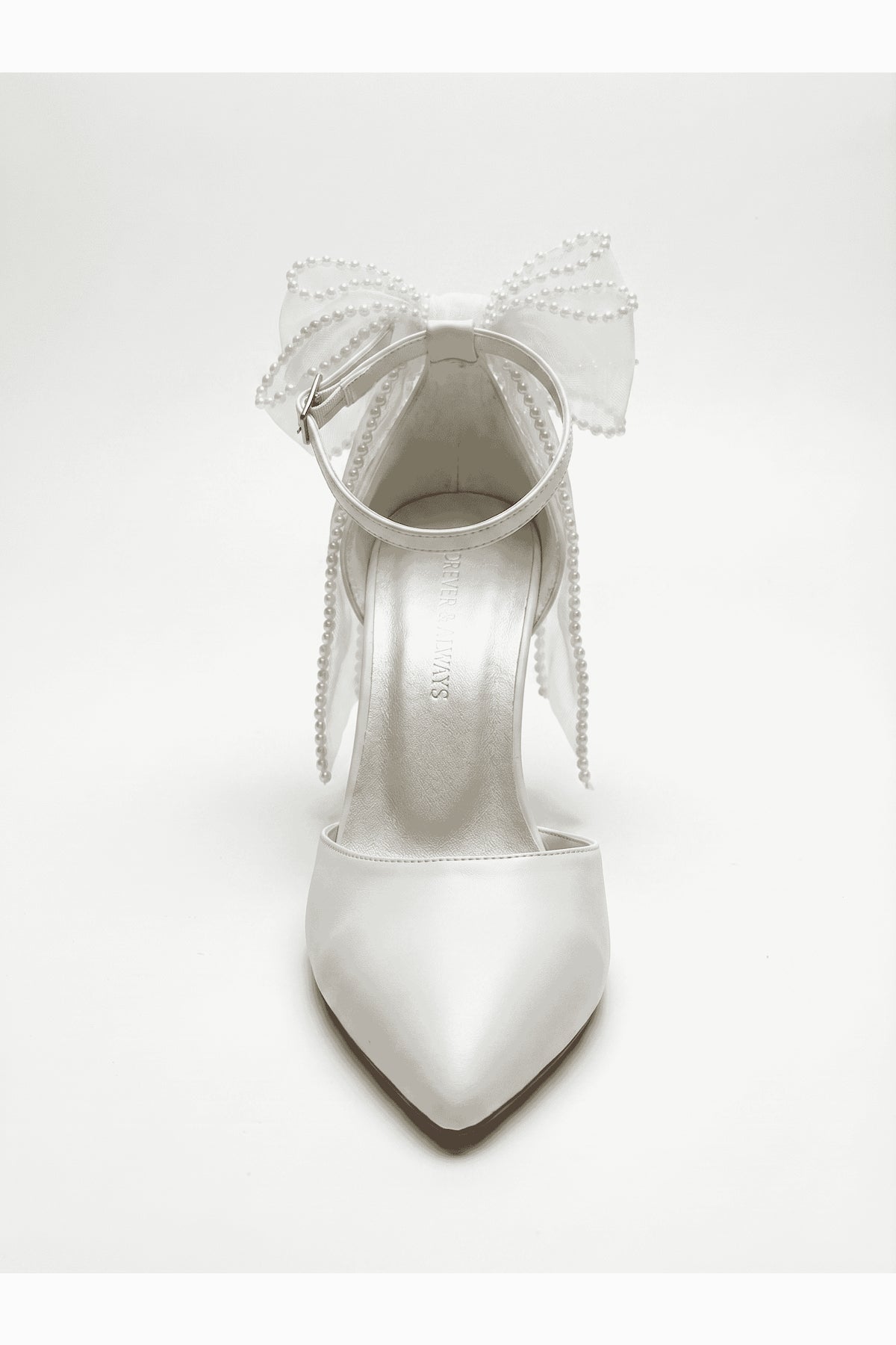 Elvienne Pointed Toe Bow Detail Block Heel Bridal Sandals – heel view showing bow, ivory, red, Vowalisse