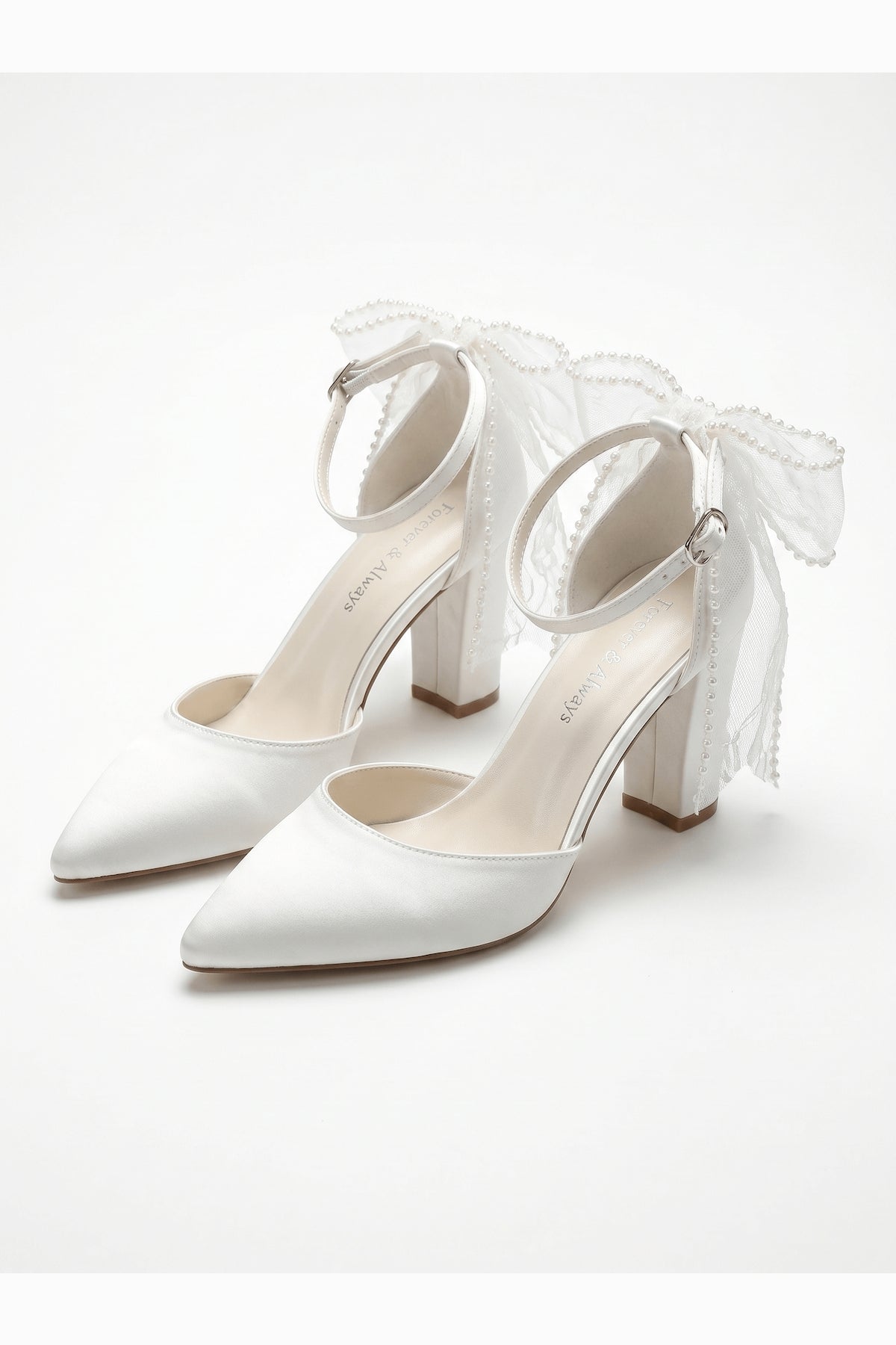 Elvienne Pointed Toe Bow Detail Block Heel Bridal Sandals – top view showing bow, ivory, red, Vowalisse