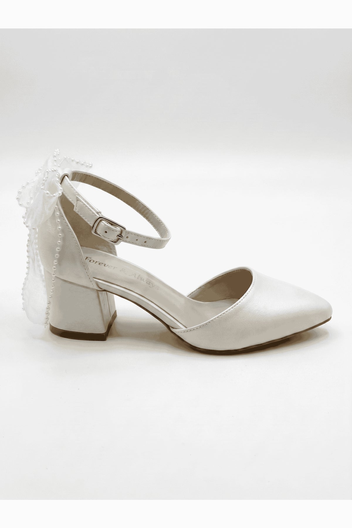 Rosavelle Pointed Toe Bow Detail Block Heel Bridal Sandals – side view showing bow, lace, ivory, Vowalisse