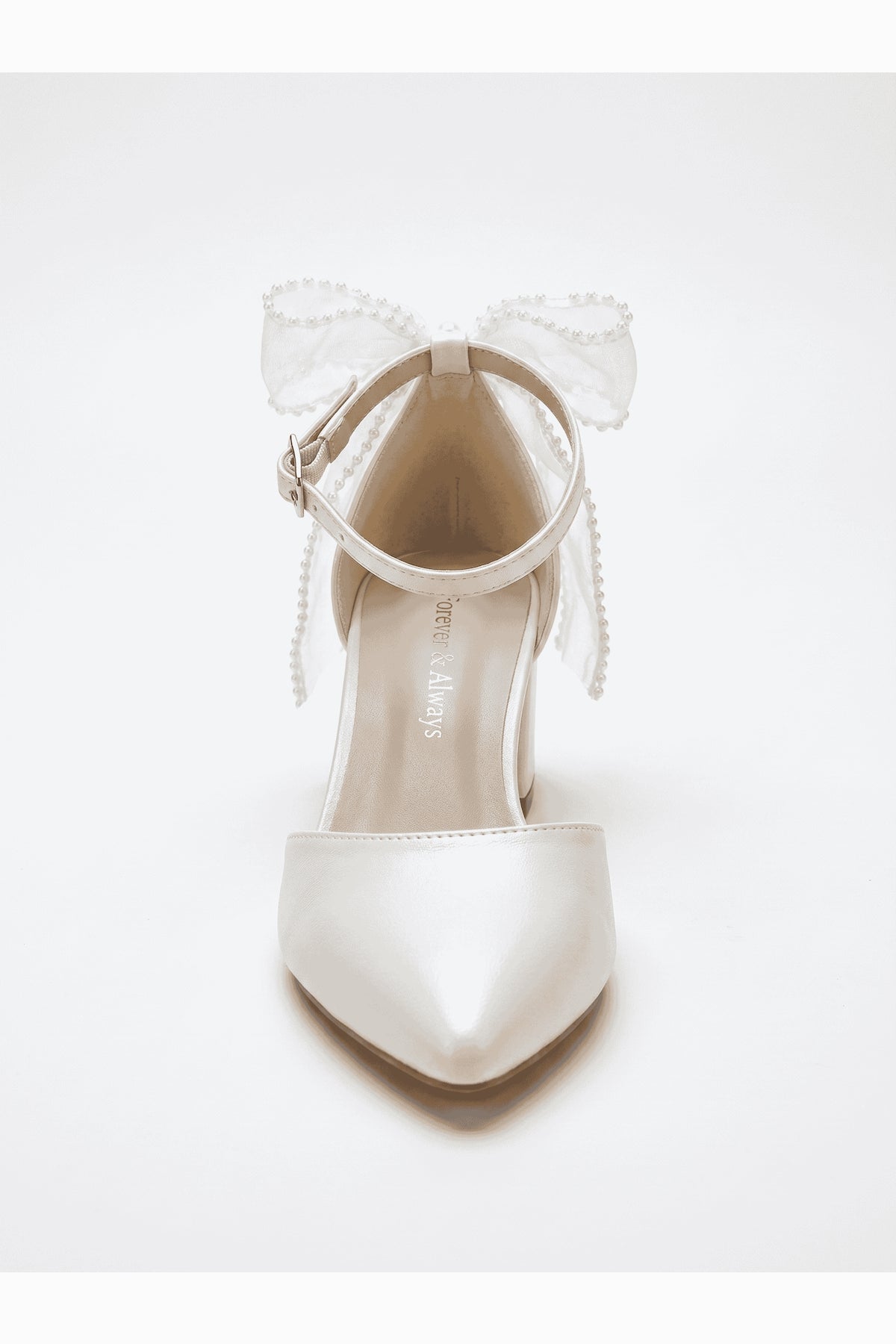 Rosavelle Pointed Toe Bow Detail Block Heel Bridal Sandals – heel view showing bow, lace, ivory, Vowalisse