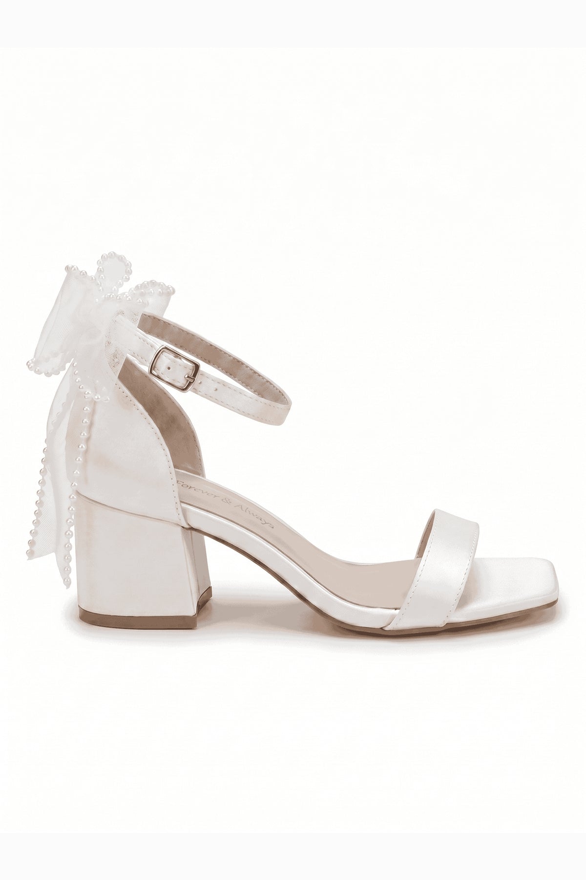 Floraya Opentoe Bow Detail Block Heel Bridal Sandals – side view showing bow, lace, ivory, Vowalisse