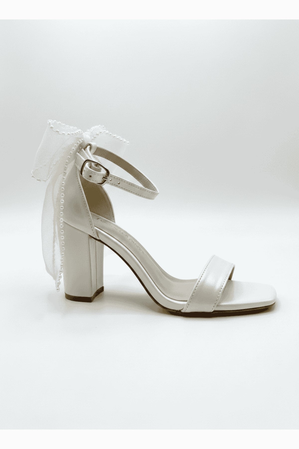 Evarose Open Toe Bow Detail Block Heel Bridal Sandals – side view showing bow, lace, ivory, Vowalisse