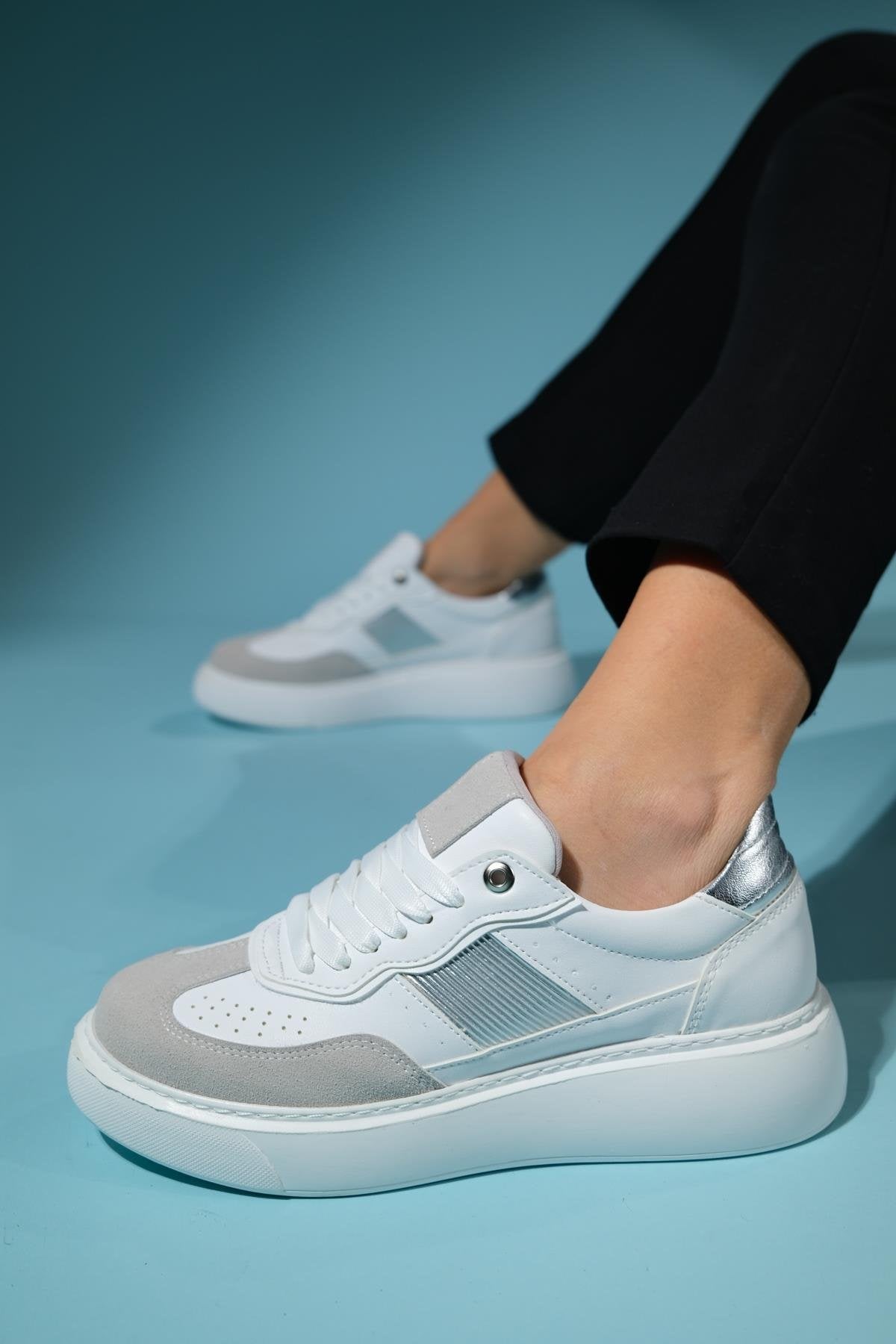 Venetia - White Gray Athletic Sneaker – front three-quarter view showing leather, white, red, Vowalisse
