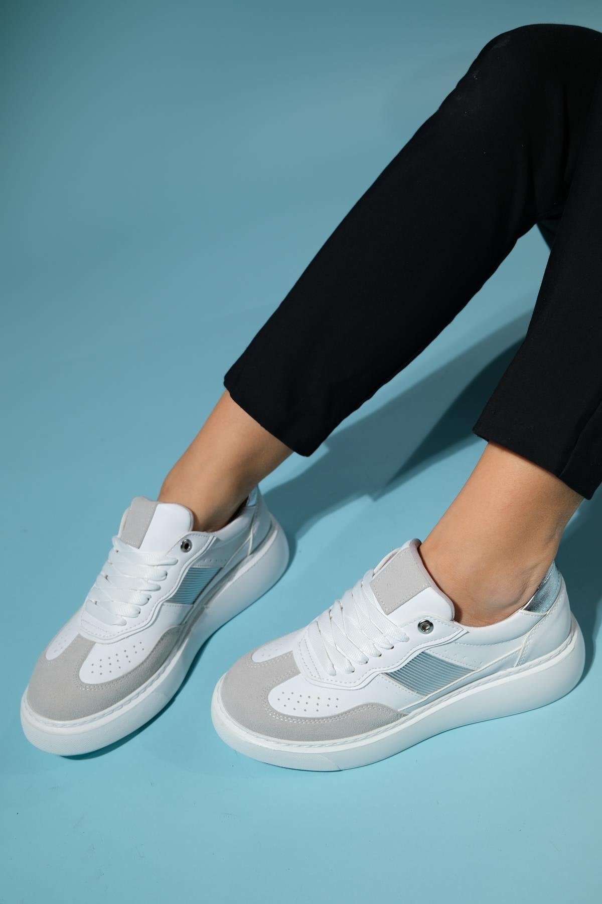 Venetia - White Gray Athletic Sneaker – back view showing leather, white, red, Vowalisse