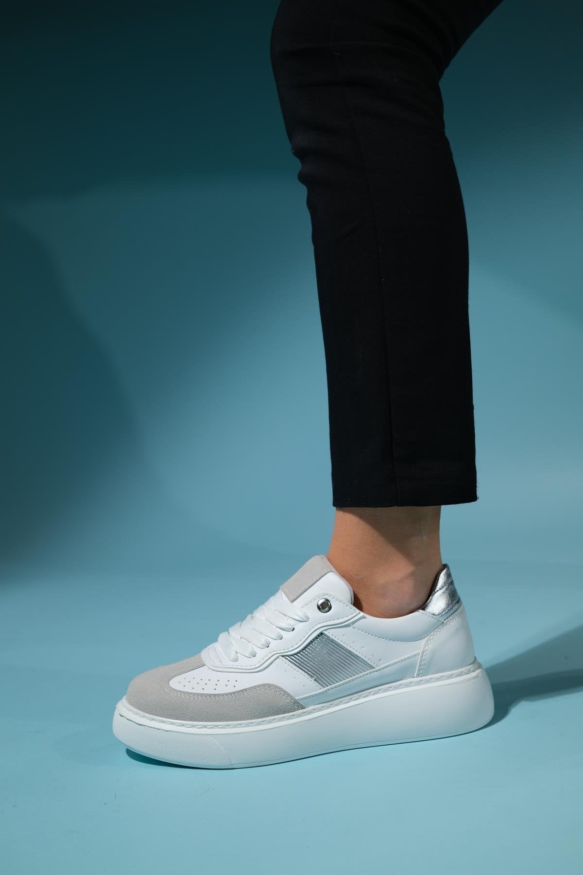 Venetia - White Gray Athletic Sneaker – top view showing leather, white, red, Vowalisse