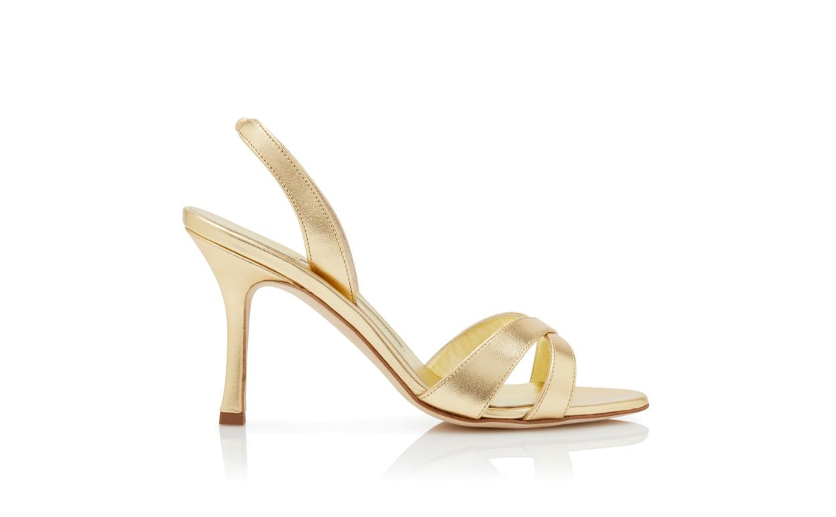 Alessia Dawn Gold Crossover Slingbacks – side profile showing gold crossover, slingback, open toe, nappa leather, Vowalisse