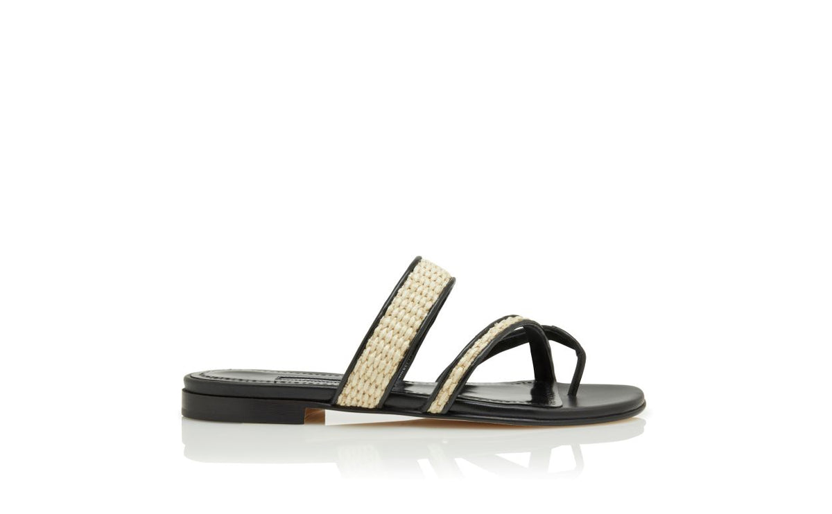 Leonora Grace Black Crossover Mules – side profile showing black crossover, open toe, nappa leather, raffia, Vowalisse