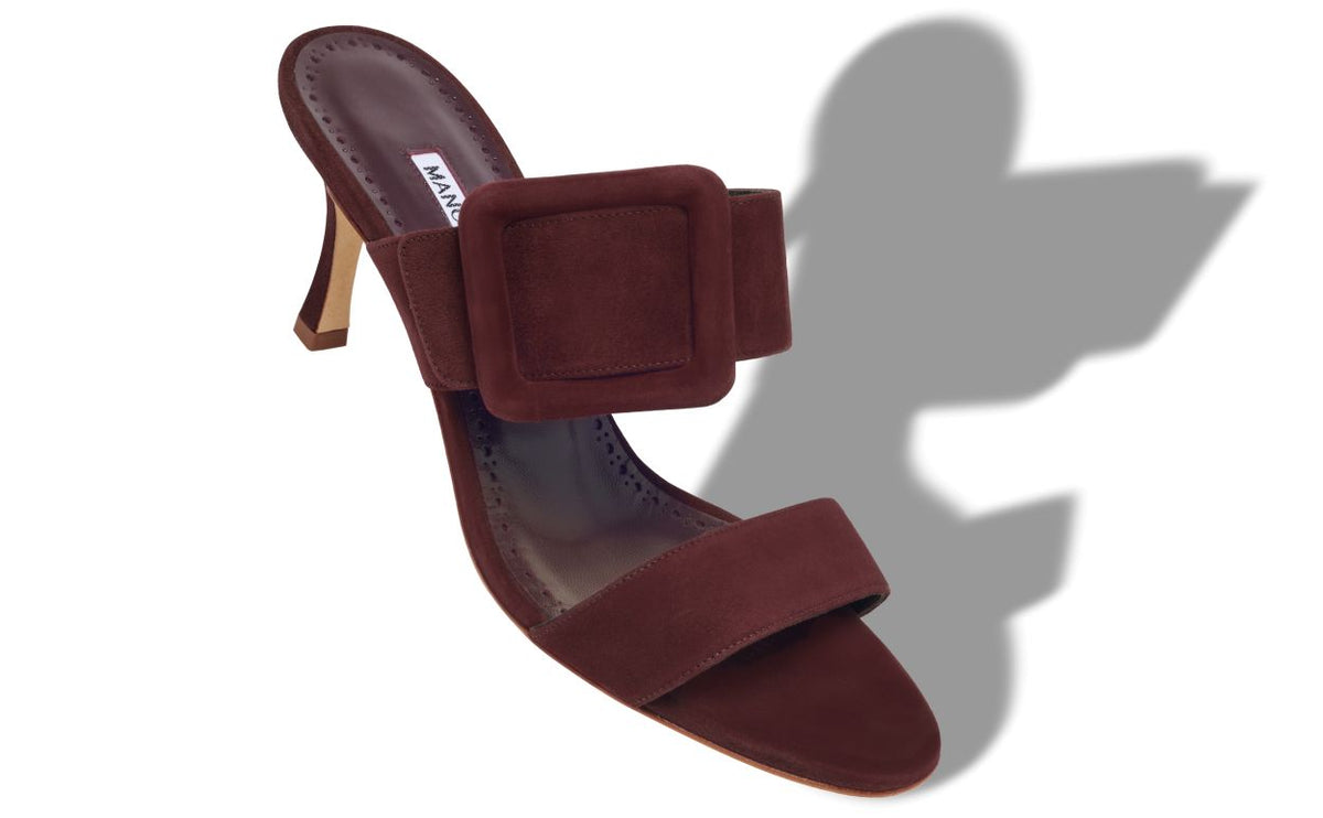Odette Rose Red Open Toe Mules – front three-quarter view showing red open toe, suede, Vowalisse