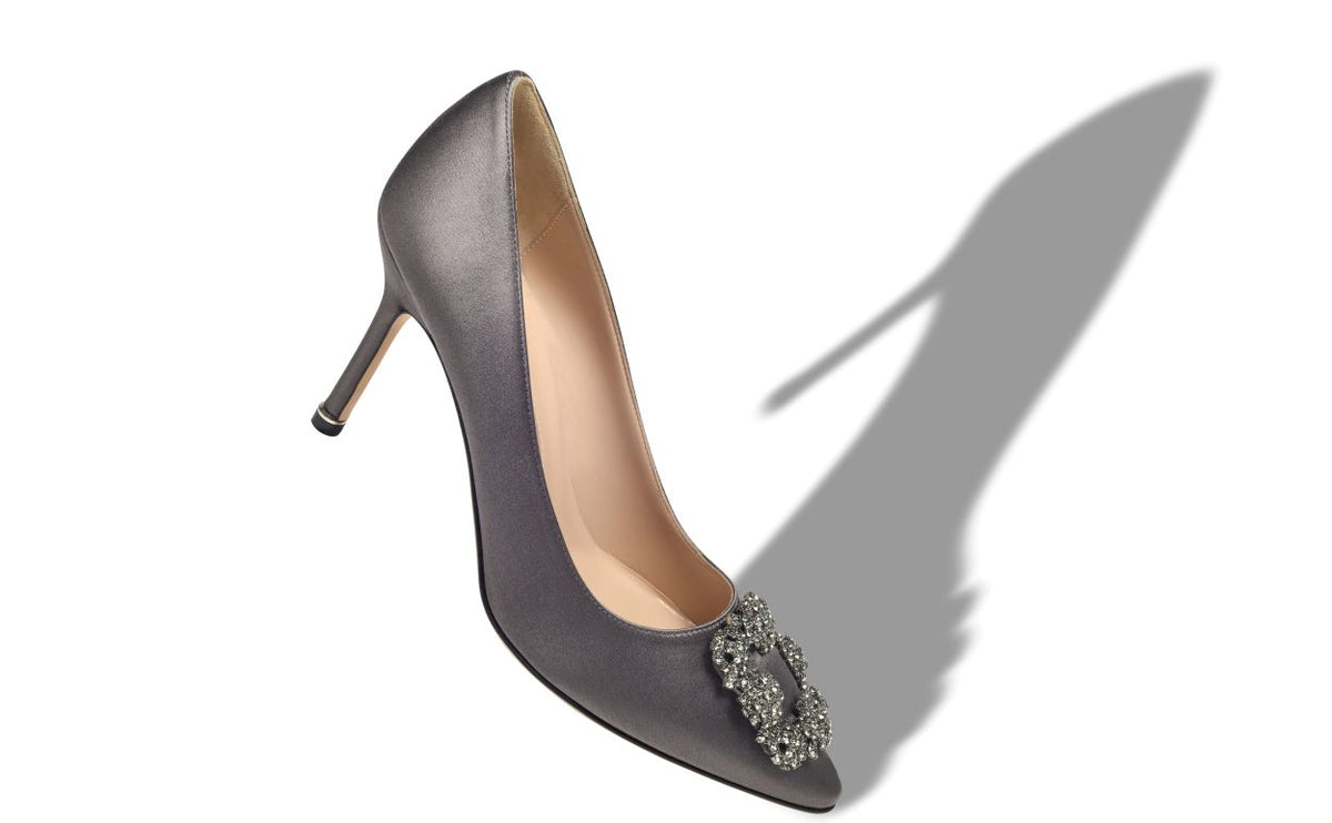 Bianca Jewel Grey Jewel Buckle Pumps – front three-quarter view showing grey jewel buckle, crystal buckle, almond toe…