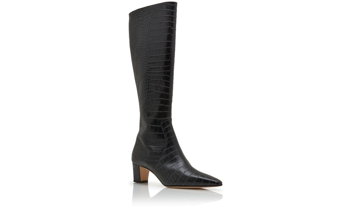Amelie Jewel Black Pointed Toe Knee-High Boots – top view showing black pointed toe, Vowalisse
