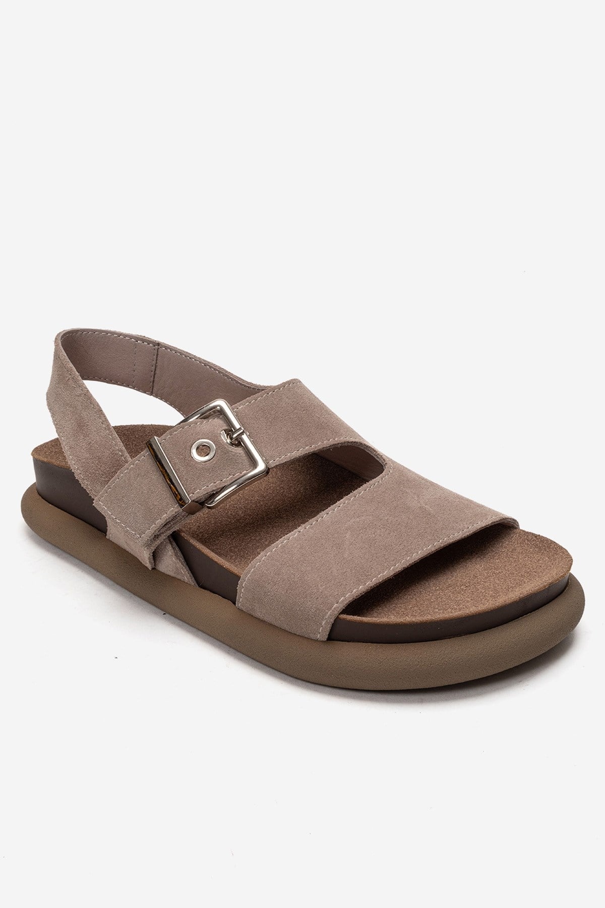 JALVEN - Taupe Genuine Leather Sandal – detail view showing leather, suede, Vowalisse