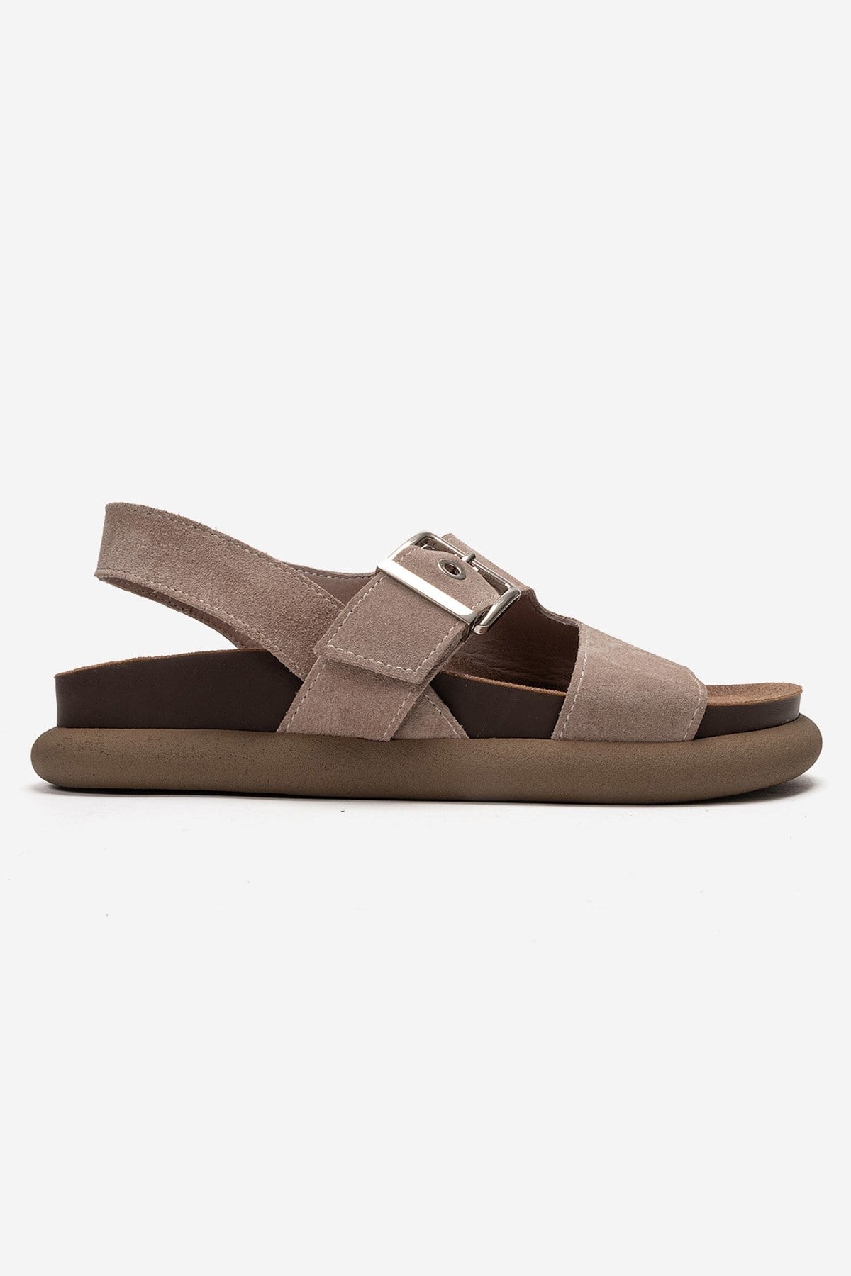 JALVEN - Taupe Genuine Leather Sandal – heel view showing leather, suede, Vowalisse