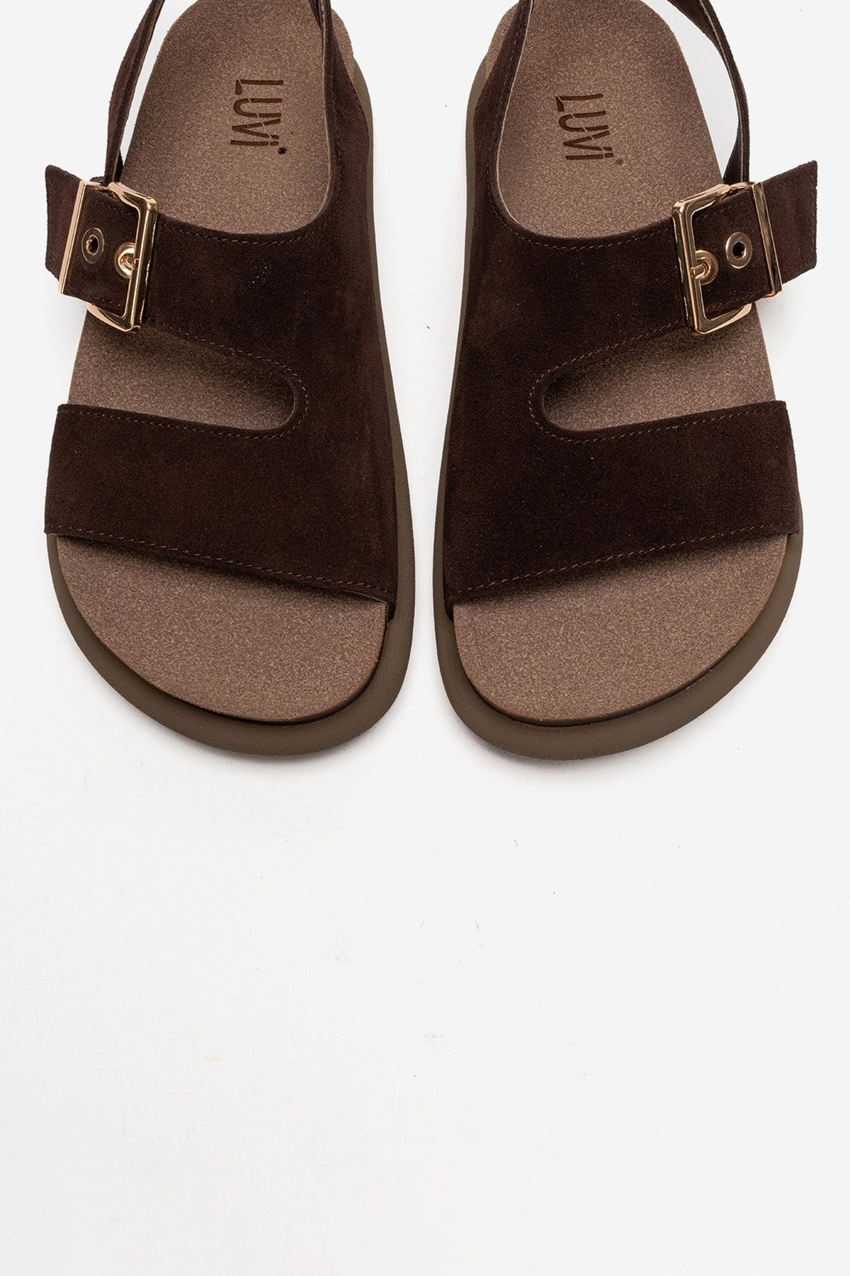 Jalven - Brown Genuine Suede Leather Sandal – side view showing leather, suede, Vowalisse