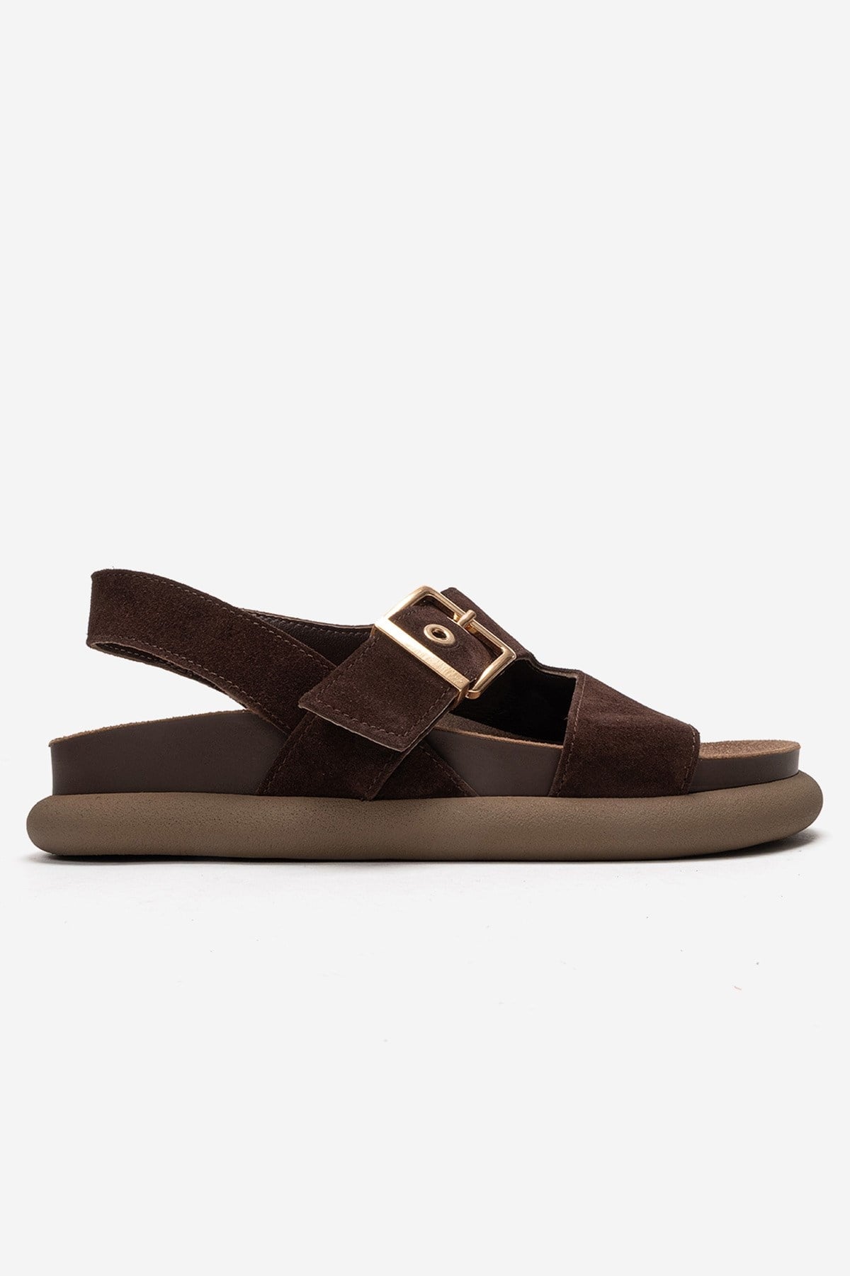 Jalven - Brown Genuine Suede Leather Sandal – heel view showing leather, suede, Vowalisse