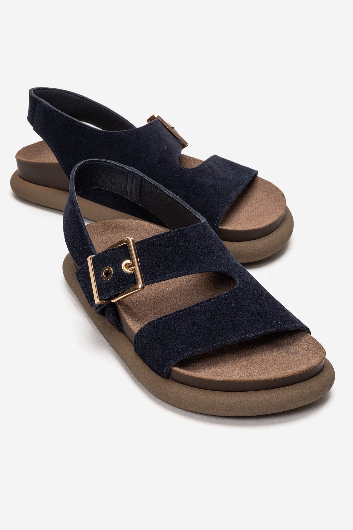 Jalven - Navy Genuine Suede Leather Sandal – front three-quarter view showing leather, suede, Vowalisse