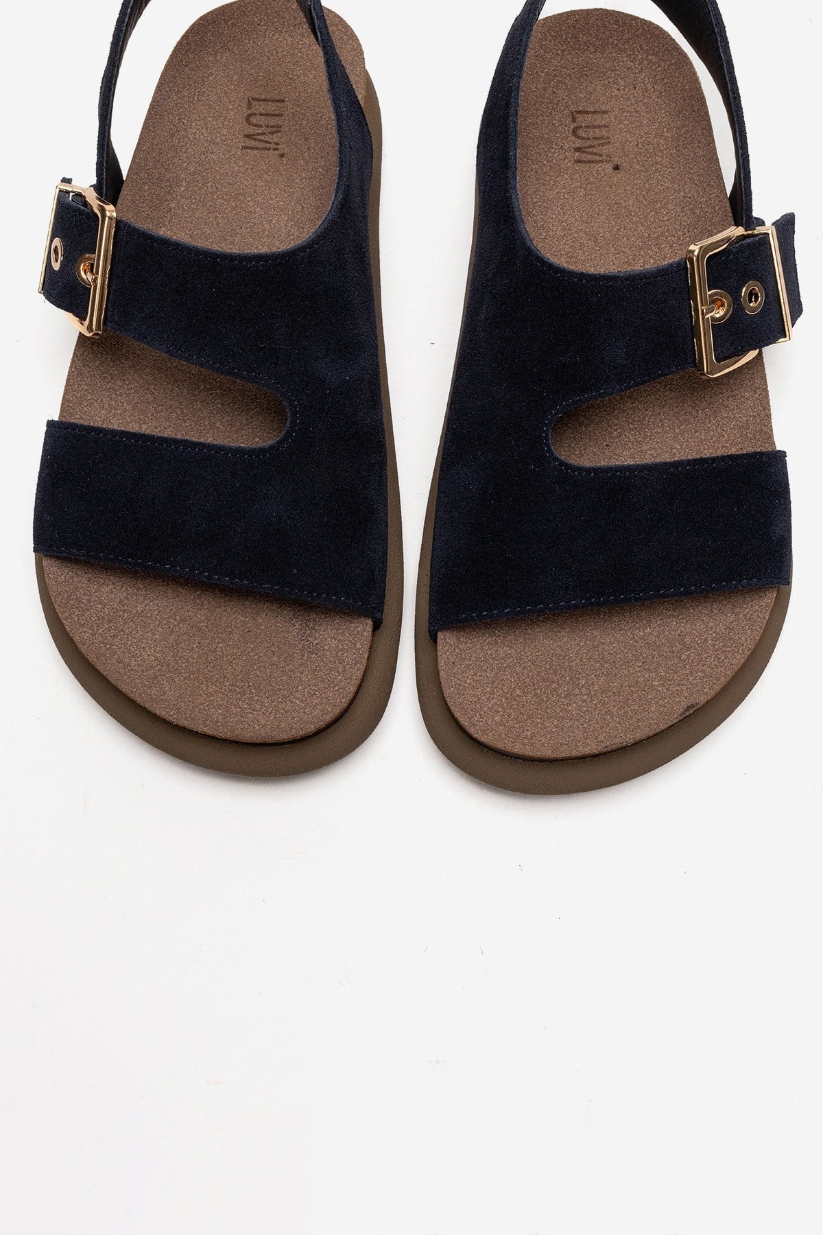 Jalven - Navy Genuine Suede Leather Sandal – side view showing leather, suede, Vowalisse