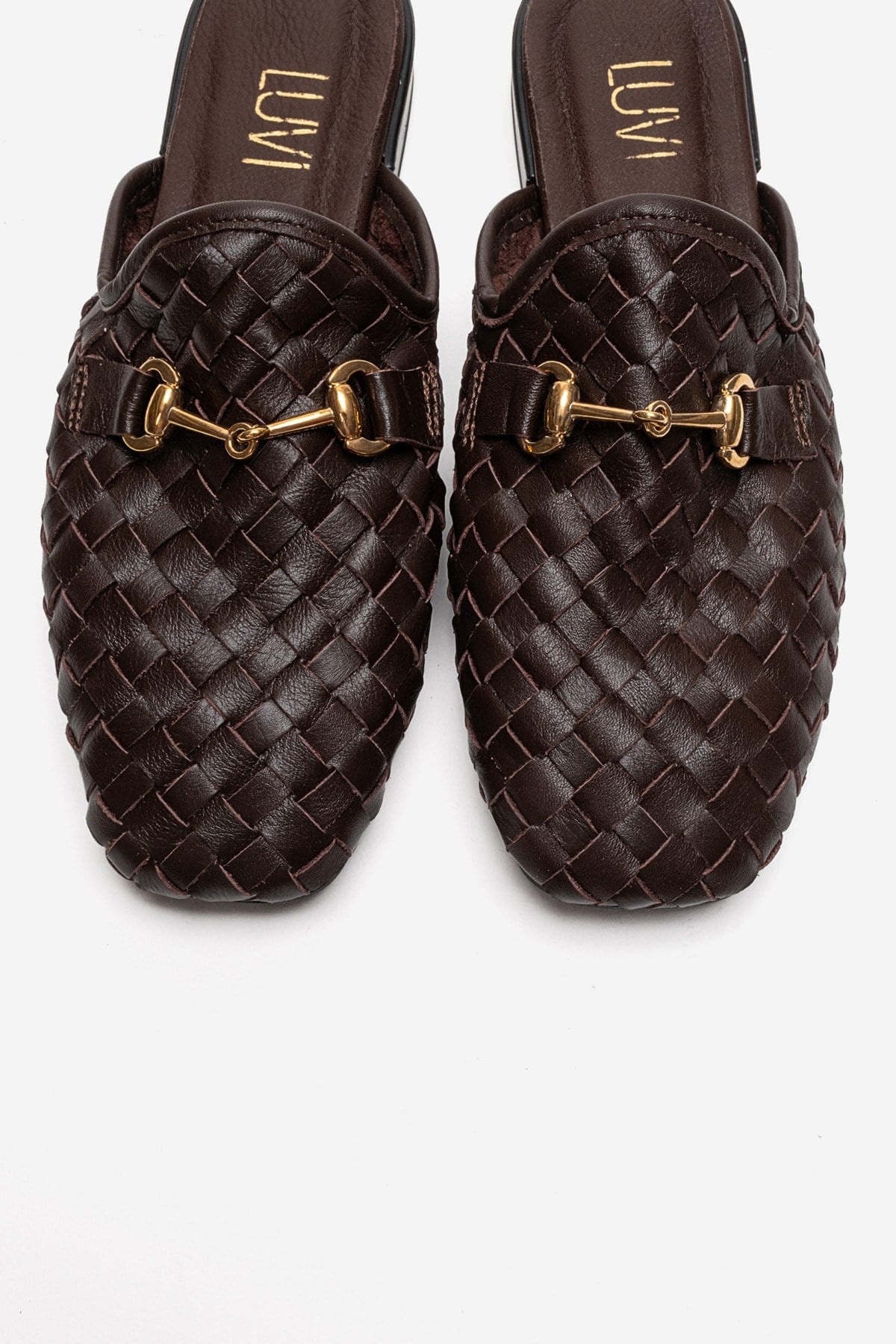 SENIA - Brown Genuine Leather Buckle Front Closed Mule – side view showing leather, gold, Vowalisse