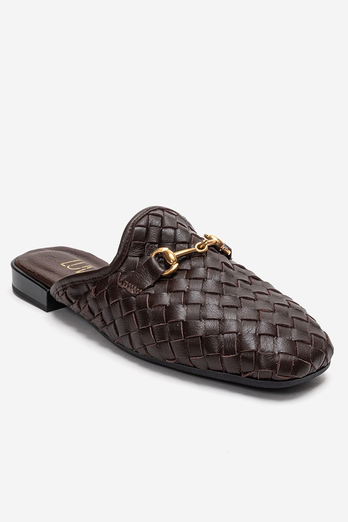 SENIA - Brown Genuine Leather Buckle Front Closed Mule – detail view showing leather, gold, Vowalisse