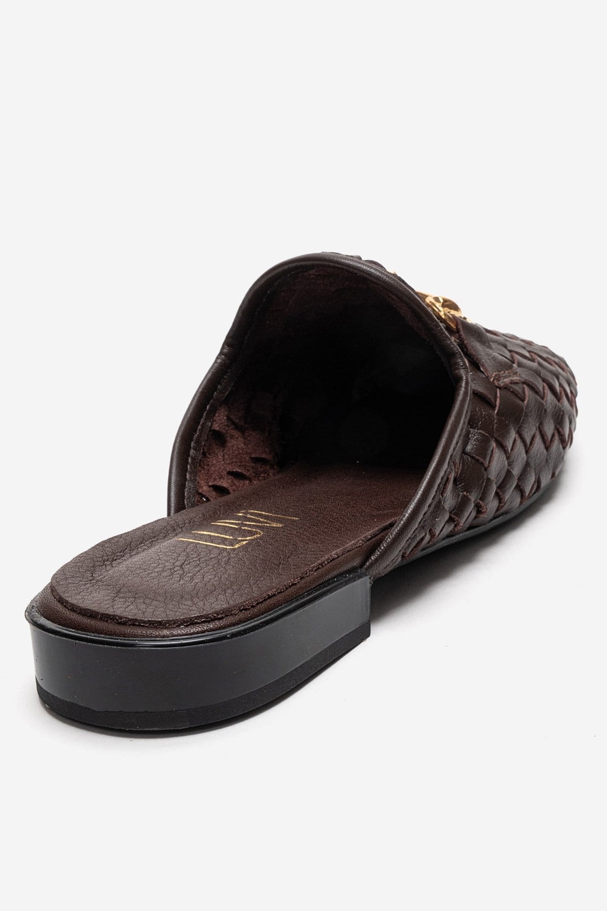 SENIA - Brown Genuine Leather Buckle Front Closed Mule – back view showing leather, gold, Vowalisse