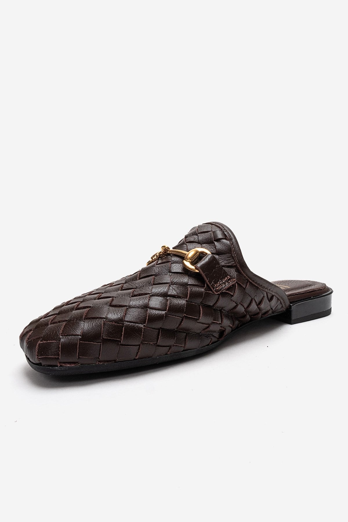 SENIA - Brown Genuine Leather Buckle Front Closed Mule – top view showing leather, gold, Vowalisse
