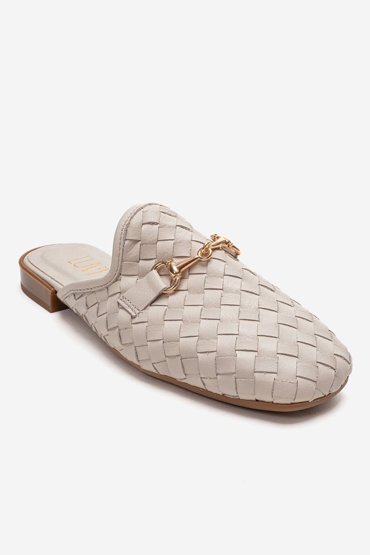 SENIA - Off-White Genuine Leather Buckle Front Closed Mule – side view showing leather, white, gold, Vowalisse